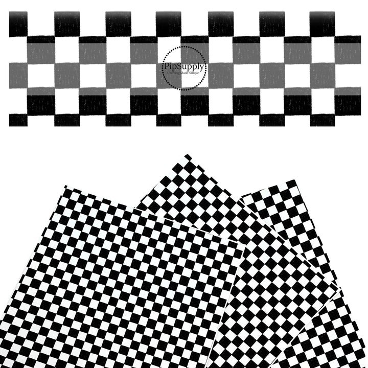 These checker themed faux leather sheets contain the following design elements: crayon black and white checker pattern. Our CPSIA compliant faux leather sheets or rolls can be used for all types of crafting projects.