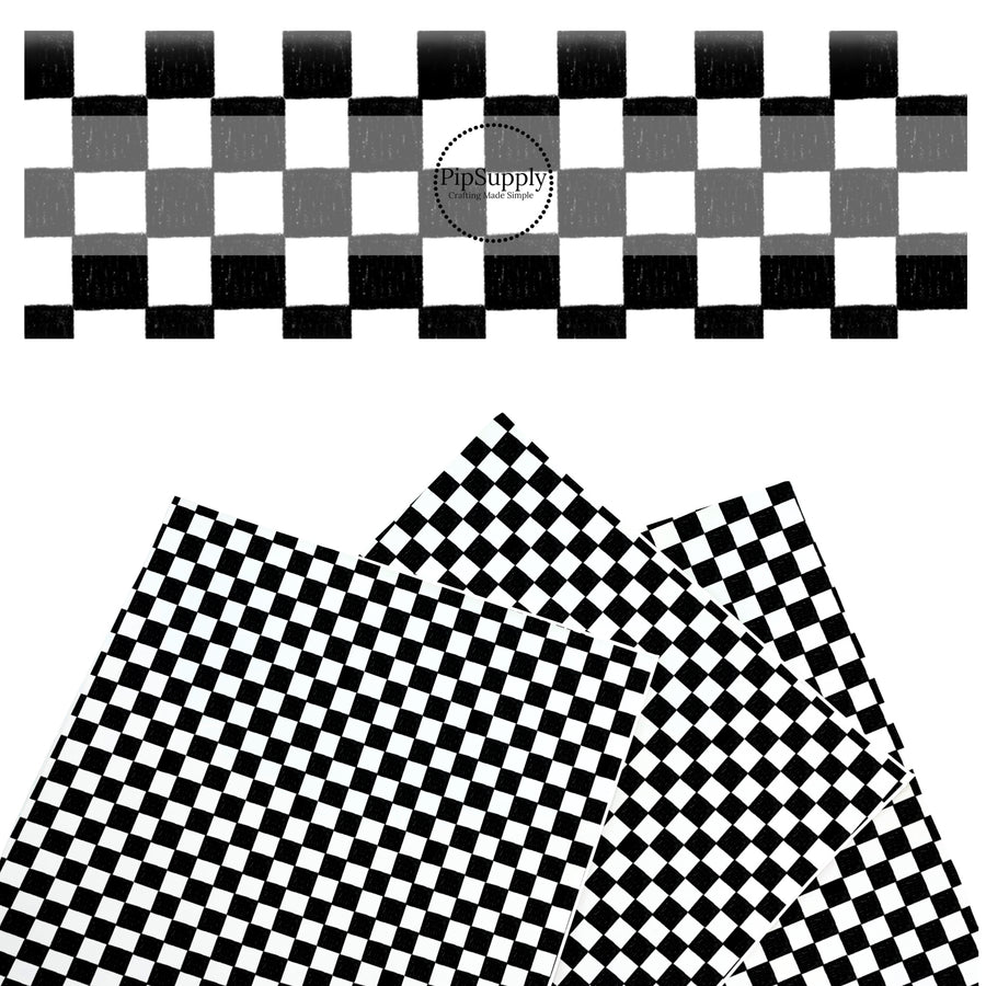These checker themed faux leather sheets contain the following design elements: crayon black and white checker pattern. Our CPSIA compliant faux leather sheets or rolls can be used for all types of crafting projects.
