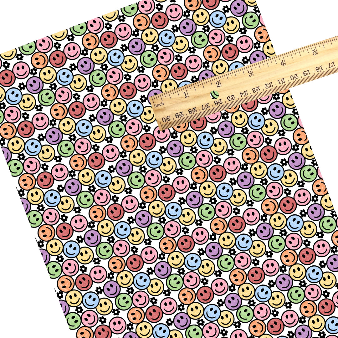 These smiley themed faux leather sheets contain the following design elements: crayon color smiles pattern. Our CPSIA compliant faux leather sheets or rolls can be used for all types of crafting projects.