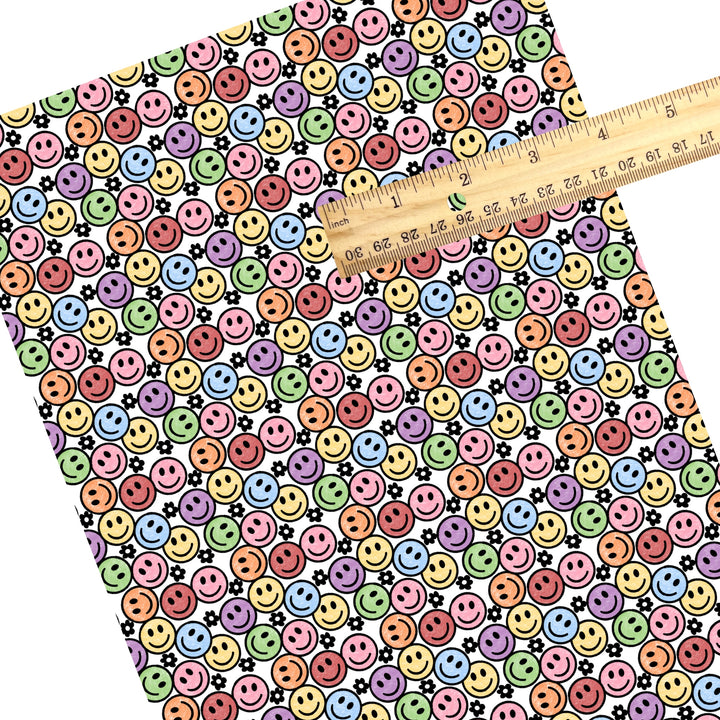 These smiley themed faux leather sheets contain the following design elements: crayon color smiles pattern. Our CPSIA compliant faux leather sheets or rolls can be used for all types of crafting projects.