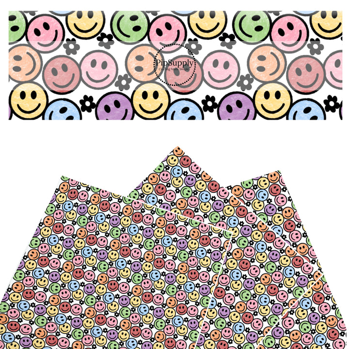 These smiley themed faux leather sheets contain the following design elements: crayon color smiles pattern. Our CPSIA compliant faux leather sheets or rolls can be used for all types of crafting projects.