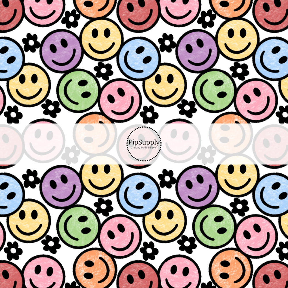 These smiley themed no sew bow strips can be easily tied and attached to a clip for a finished hair bow. These bow strips are great for personal use or to sell. These bow strips feature the following design elements: crayon color smiles pattern.