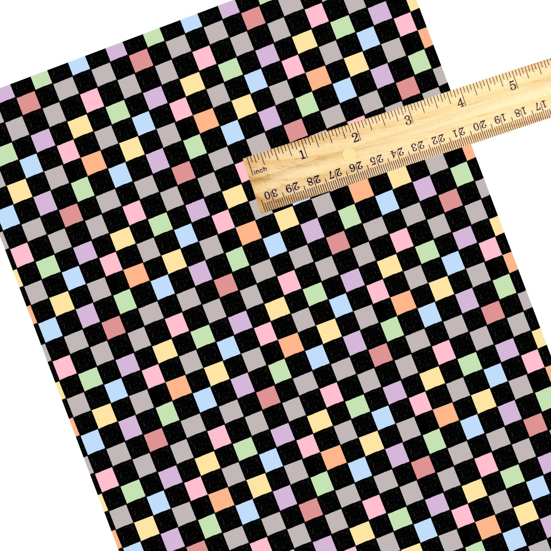 These colorful themed faux leather sheets contain the following design elements: colorful rainbow checker pattern. Our CPSIA compliant faux leather sheets or rolls can be used for all types of crafting projects.