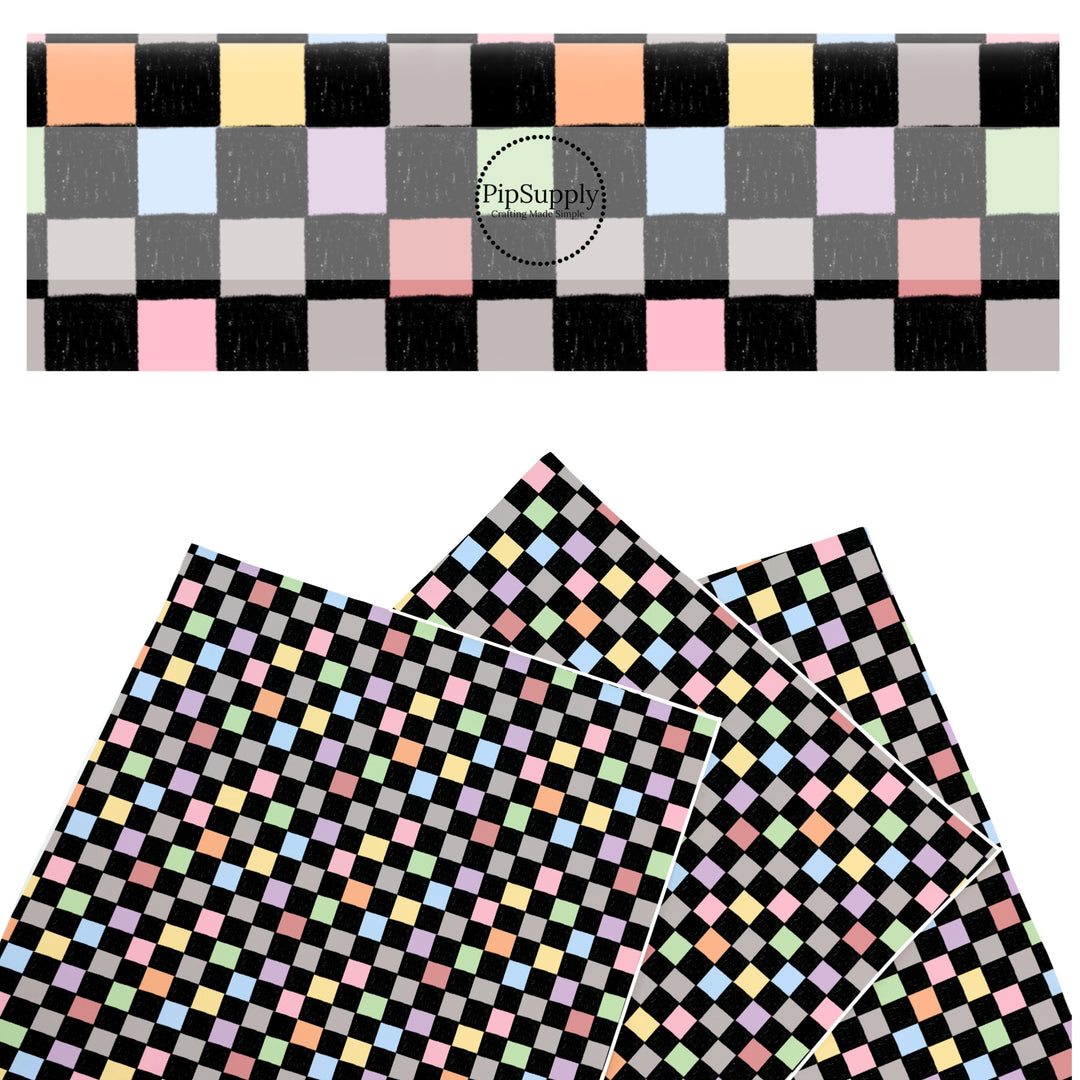 These colorful themed faux leather sheets contain the following design elements: colorful rainbow checker pattern. Our CPSIA compliant faux leather sheets or rolls can be used for all types of crafting projects.