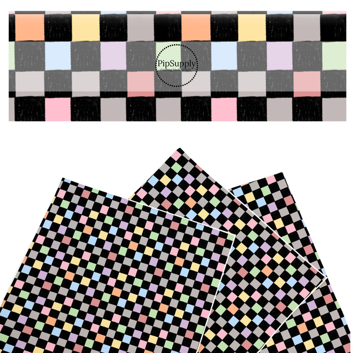 These colorful themed faux leather sheets contain the following design elements: colorful rainbow checker pattern. Our CPSIA compliant faux leather sheets or rolls can be used for all types of crafting projects.