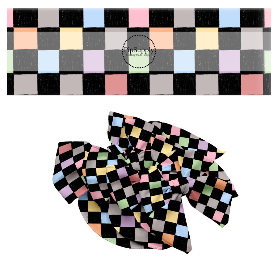 These colorful themed no sew bow strips can be easily tied and attached to a clip for a finished hair bow. These bow strips are great for personal use or to sell. These bow strips feature the following design elements: crayon rainbow checker pattern.