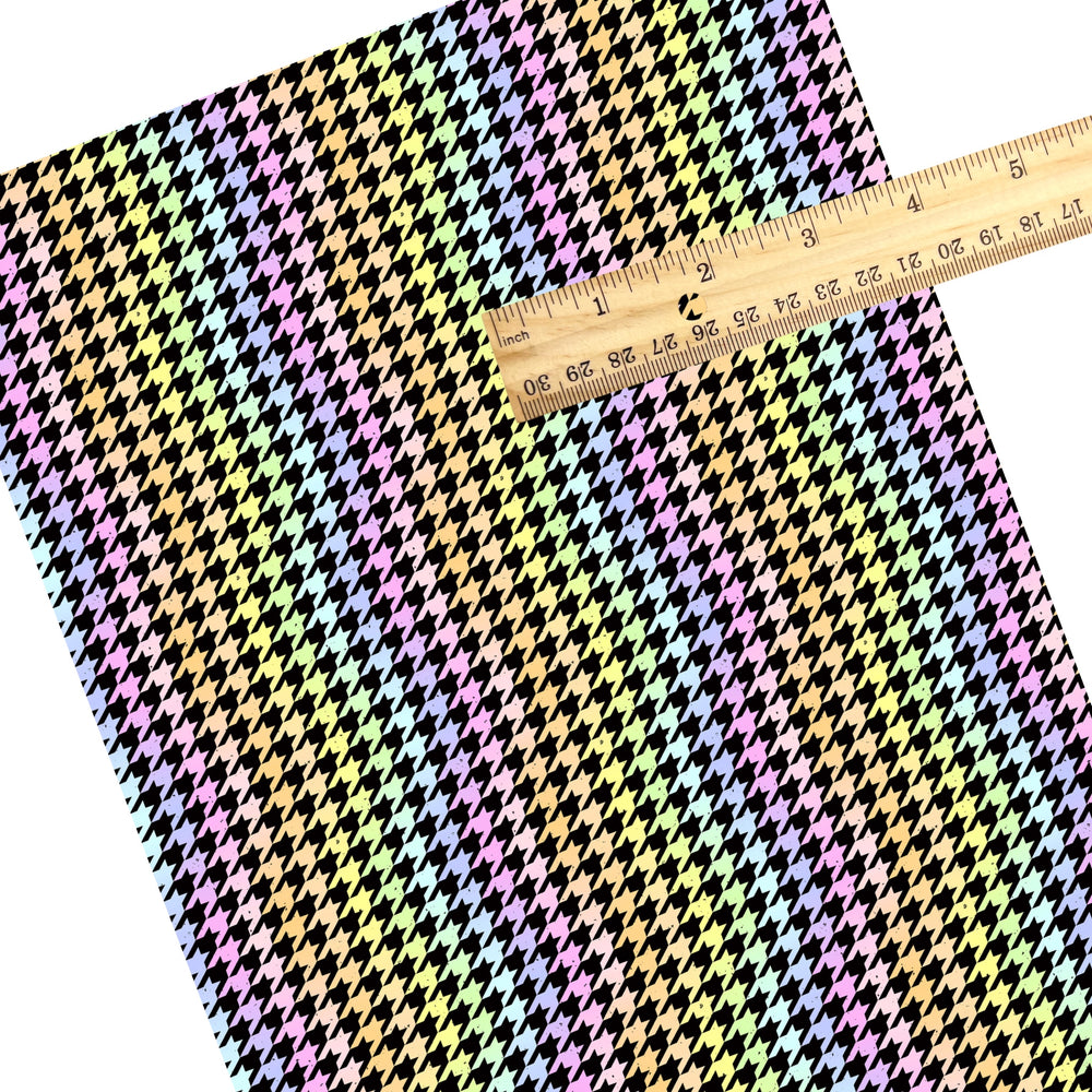 These colorful themed faux leather sheets contain the following design elements: colorful rainbow houndstooth. Our CPSIA compliant faux leather sheets or rolls can be used for all types of crafting projects.