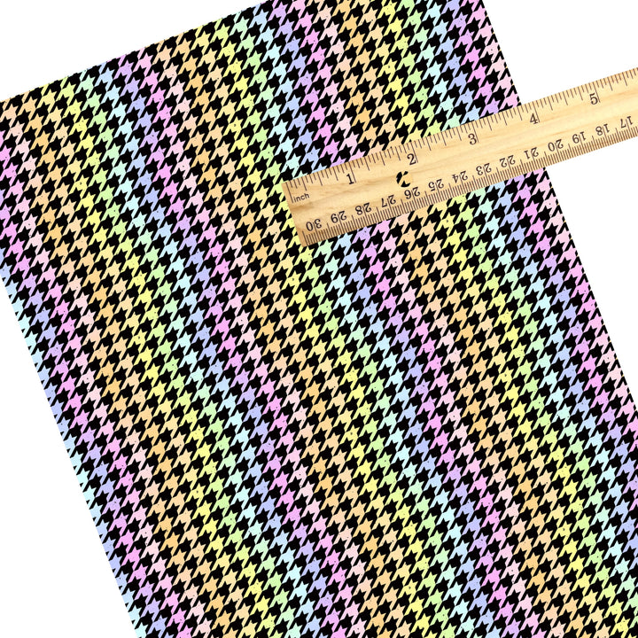 These colorful themed faux leather sheets contain the following design elements: colorful rainbow houndstooth. Our CPSIA compliant faux leather sheets or rolls can be used for all types of crafting projects.