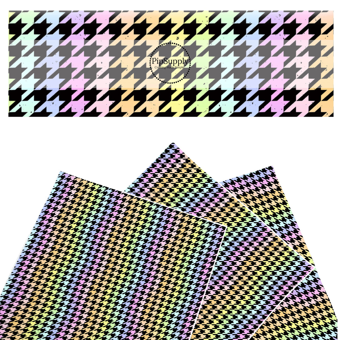 These colorful themed faux leather sheets contain the following design elements: colorful rainbow houndstooth. Our CPSIA compliant faux leather sheets or rolls can be used for all types of crafting projects.