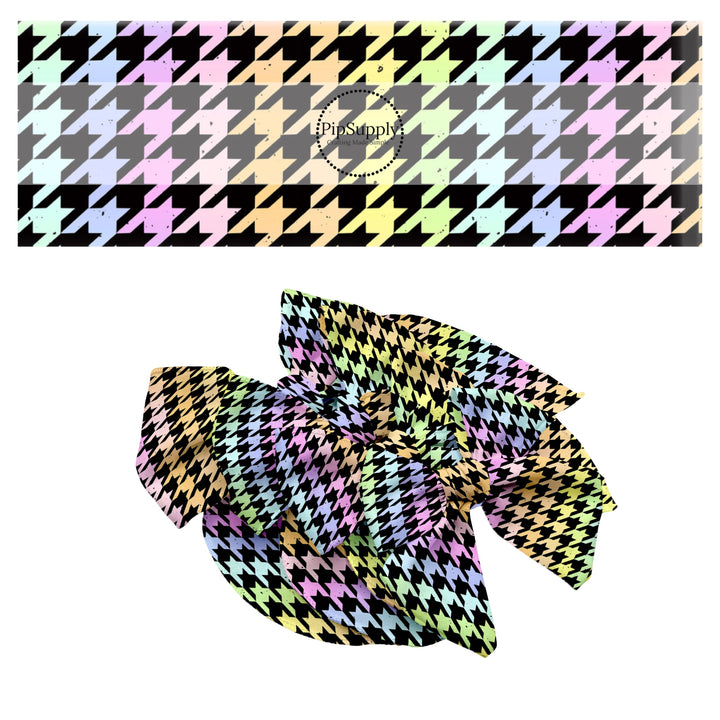 These colorful themed no sew bow strips can be easily tied and attached to a clip for a finished hair bow. These bow strips are great for personal use or to sell. These bow strips feature the following design elements: crayon rainbow houndstooth pattern.