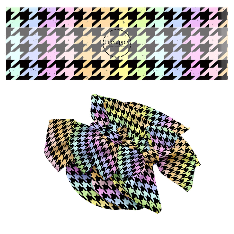 These colorful themed no sew bow strips can be easily tied and attached to a clip for a finished hair bow. These bow strips are great for personal use or to sell. These bow strips feature the following design elements: crayon rainbow houndstooth pattern.