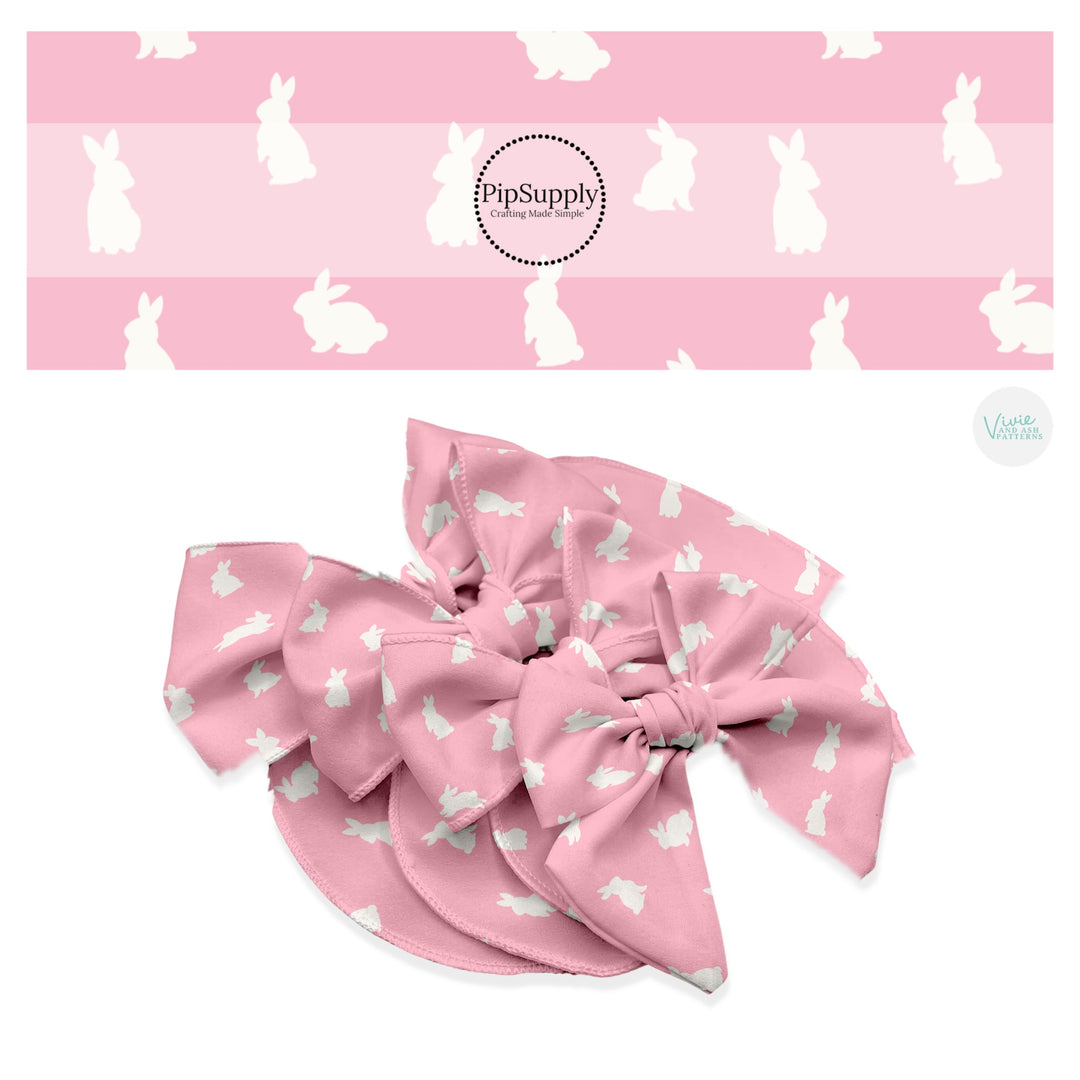 These spring pattern themed no sew bow strips can be easily tied and attached to a clip for a finished hair bow. These patterned bow strips are great for personal use or to sell. These bow strips features cream bunnies on light pink.