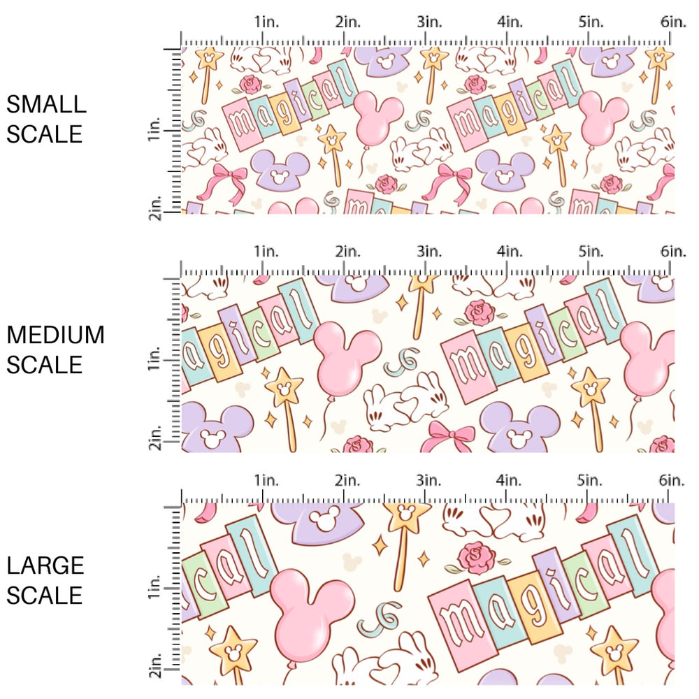 This high-quality fabric by the yard features balloons, hats, and magical wands. This fun patterned fabric can be used for all your sewing and crafting needs!