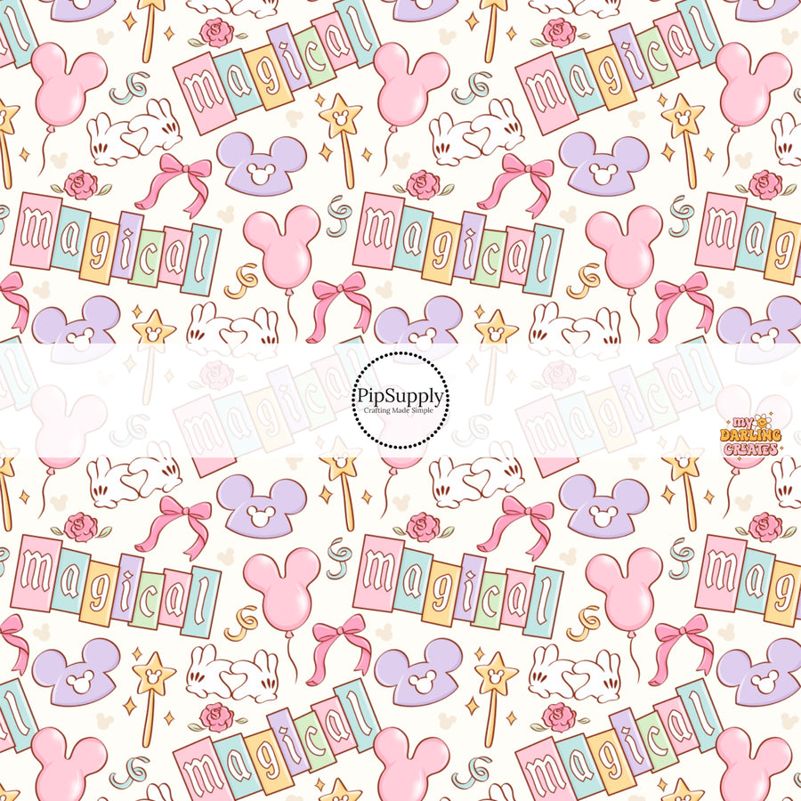 This high-quality fabric by the yard features balloons, hats, and magical wands. This fun patterned fabric can be used for all your sewing and crafting needs!