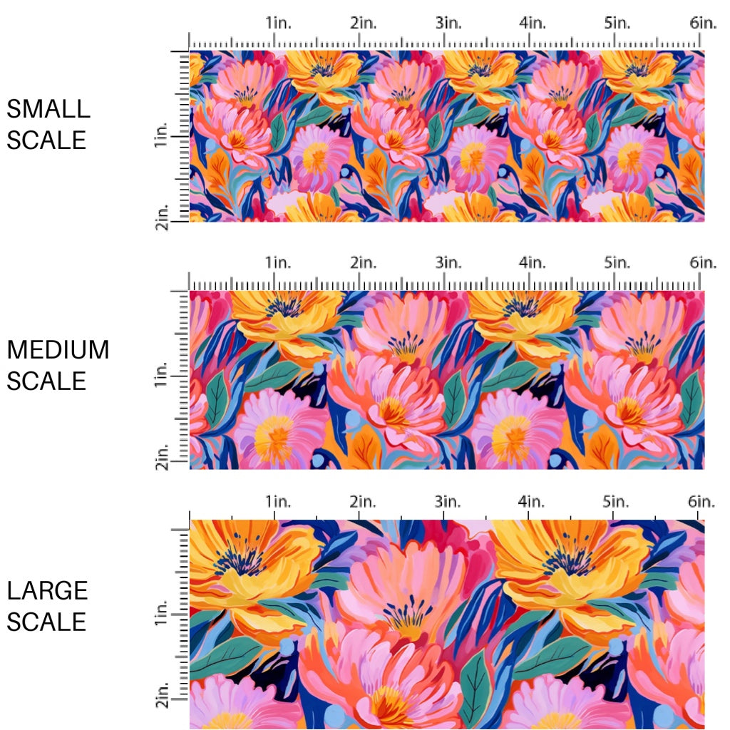 These floral themed fabric by the yard features tropical bright flowers. This fun pattern fabric can be used for all your sewing and crafting needs!