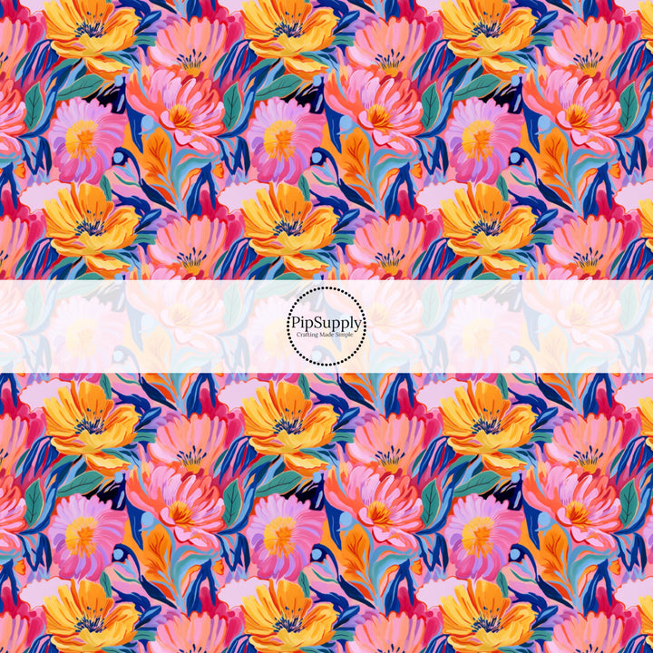 These floral themed fabric by the yard features tropical bright flowers. This fun pattern fabric can be used for all your sewing and crafting needs!