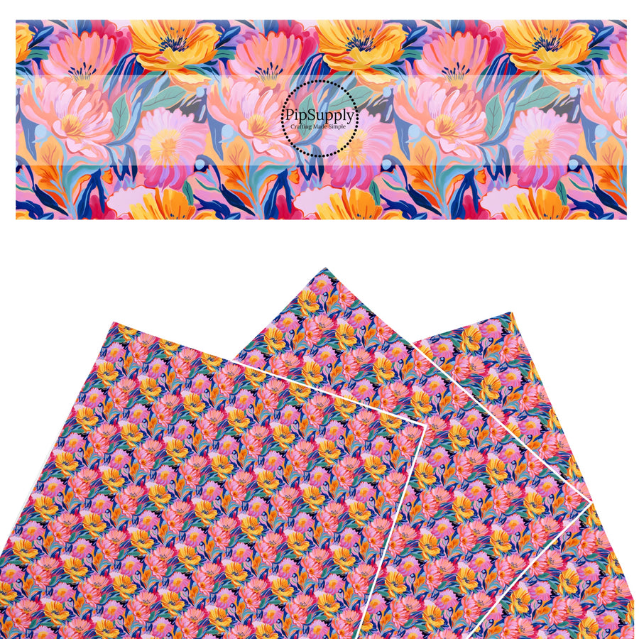 These floral themed faux leather sheets contain the following design elements: tropical bright flowers. Our CPSIA compliant faux leather sheets or rolls can be used for all types of crafting projects.