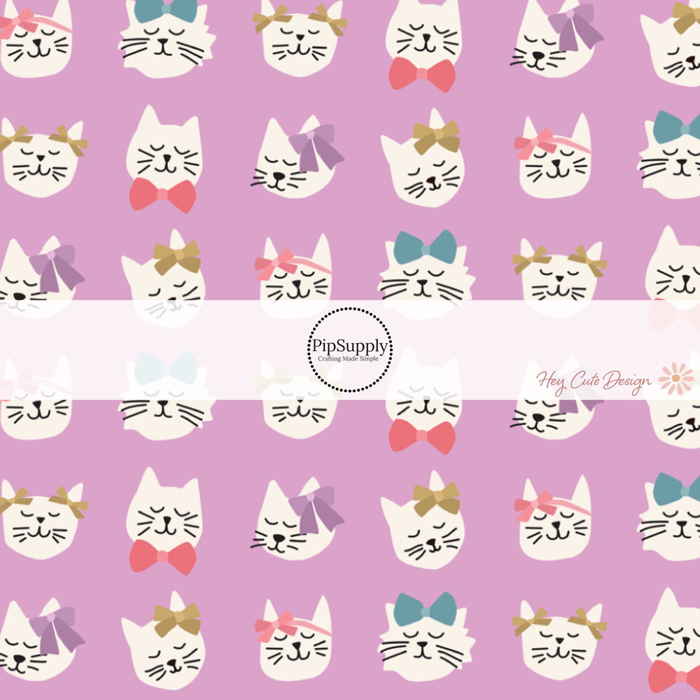 These Valentine's patterned headband kits are easy to assemble and come with everything you need to make your own knotted headband. These Valentine's Day kits include a custom printed and sewn fabric strip and a coordinating velvet headband. This cute pattern features kitties with colorful bows on light purple.