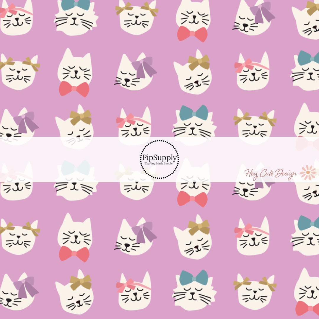 These Valentine's patterned headband kits are easy to assemble and come with everything you need to make your own knotted headband. These Valentine's Day kits include a custom printed and sewn fabric strip and a coordinating velvet headband. This cute pattern features kitties with colorful bows on light purple.