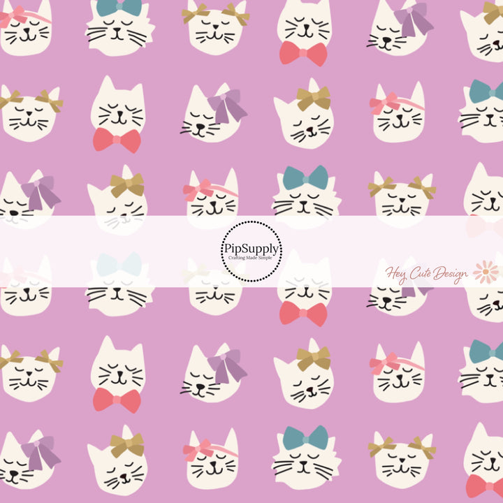 These Valentine's patterned headband kits are easy to assemble and come with everything you need to make your own knotted headband. These Valentine's Day kits include a custom printed and sewn fabric strip and a coordinating velvet headband. This cute pattern features kitties with colorful bows on light purple.