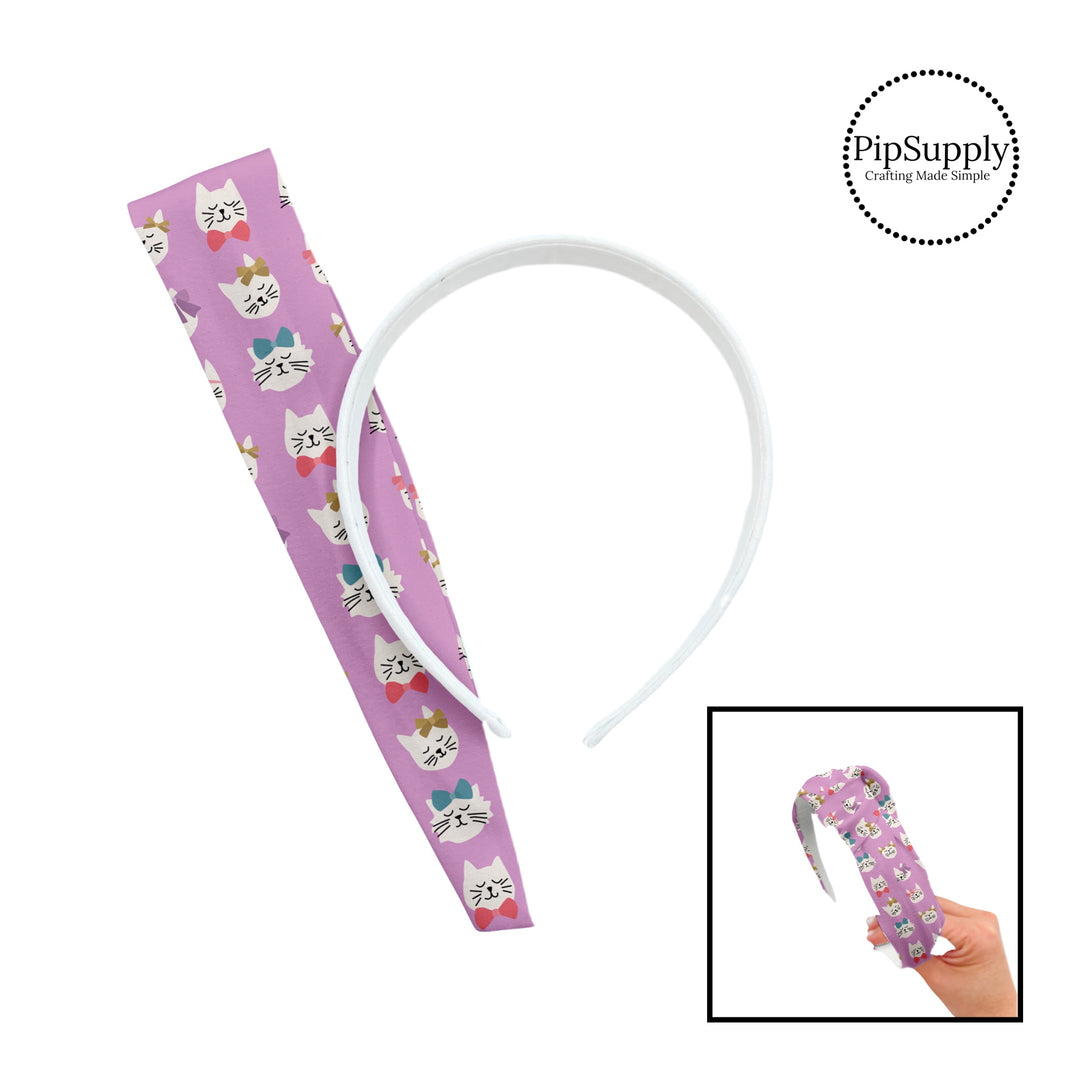 These Valentine's patterned headband kits are easy to assemble and come with everything you need to make your own knotted headband. These Valentine's Day kits include a custom printed and sewn fabric strip and a coordinating velvet headband. This cute pattern features kitties with colorful bows on light purple.