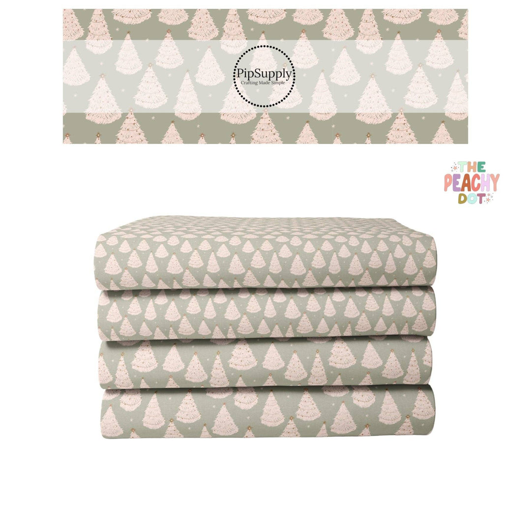 Christmas Fabric By The Yard | Festive Trees on Sage | Pastel Snowy Forest