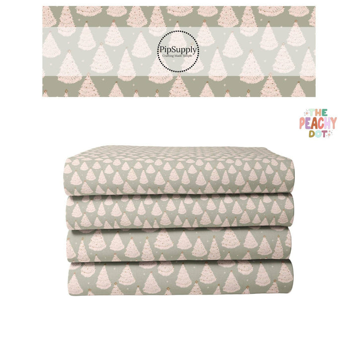 Christmas Fabric By The Yard | Festive Trees on Sage | Pastel Snowy Forest
