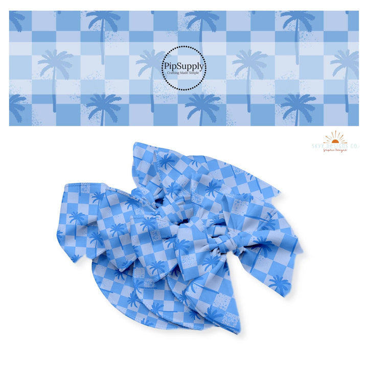 Checkered Palms Blue Hair Bow Strips