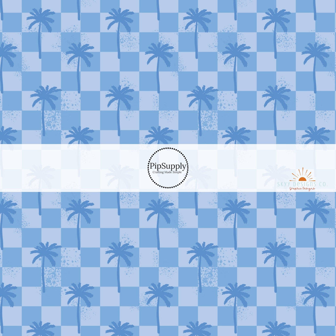 Checkered Palms Blue Fabric By The Yard