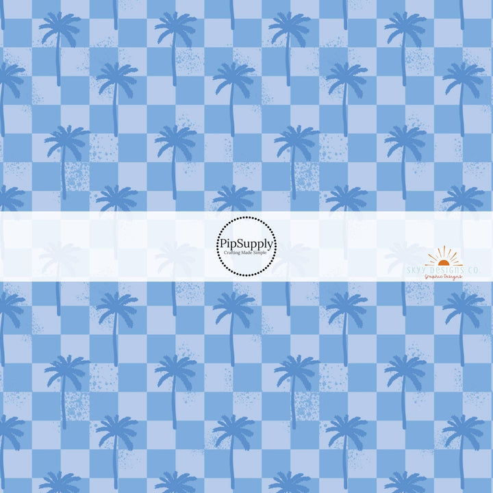 Checkered Palms Blue Fabric By The Yard