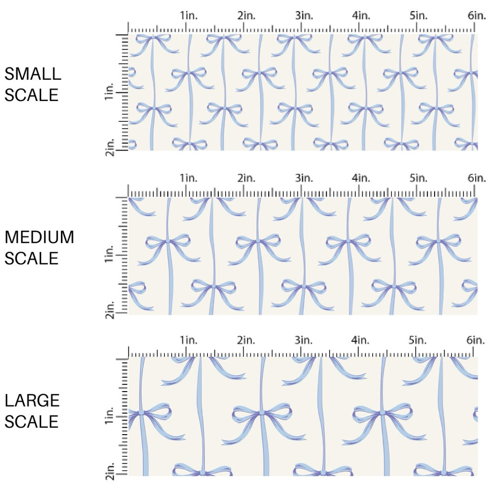 This spring fabric by the yard features blue bows on white. This fun pattern fabric can be used for all your sewing and crafting needs!