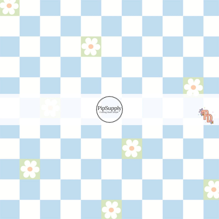 Baby Blue and Mint Daisy Checkered Fabric By The Yard