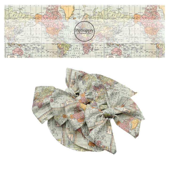 These travel themed no sew bow strips can be easily tied and attached to a clip for a finished hair bow. These bow strips are great for personal use or to sell. These bow strips feature the following design elements: vintage map pattern.