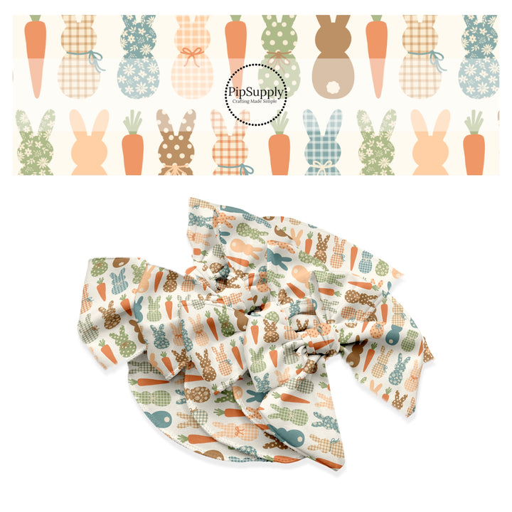 These spring pattern themed no sew bow strips can be easily tied and attached to a clip for a finished hair bow. These patterned bow strips are great for personal use or to sell. These bow strips features earth toned multi-colored bunnies and carrots on cream.