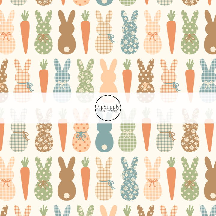 These spring pattern themed no sew bow strips can be easily tied and attached to a clip for a finished hair bow. These patterned bow strips are great for personal use or to sell. These bow strips features earth toned multi-colored bunnies and carrots on cream.