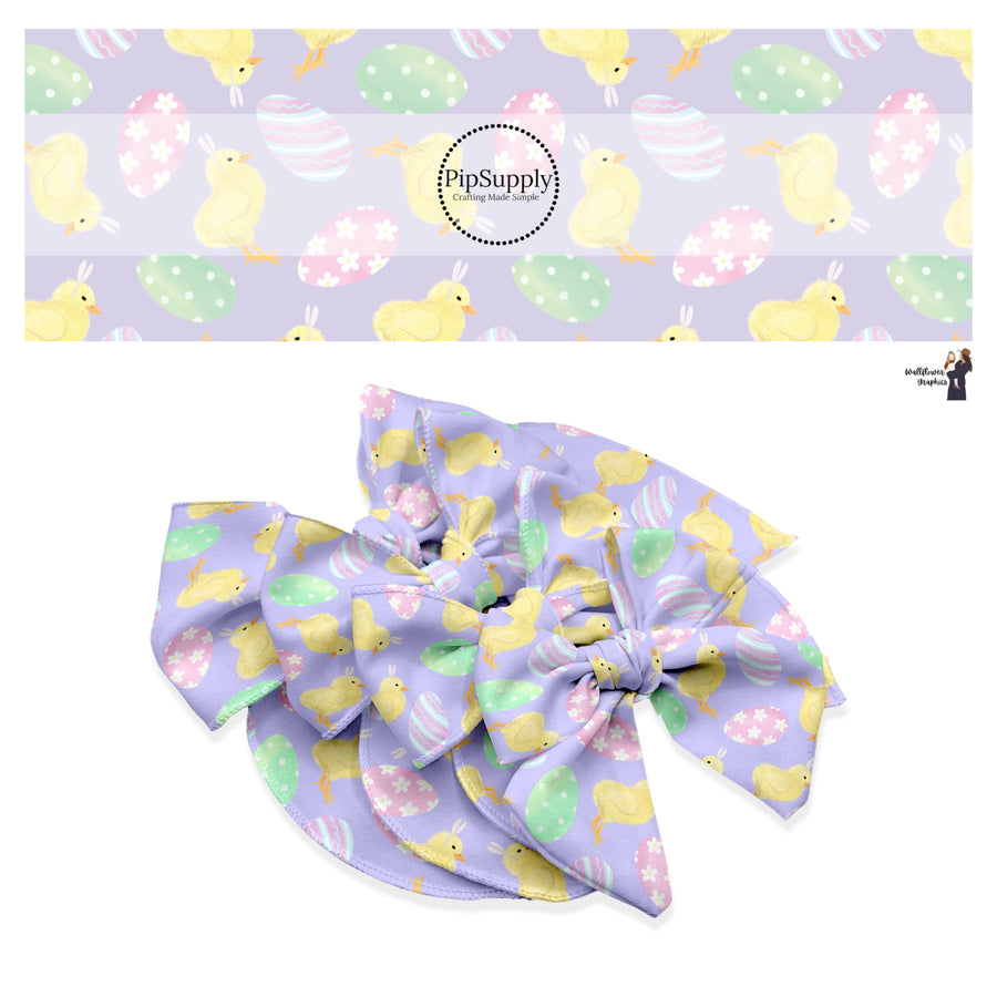 These spring pattern themed no sew bow strips can be easily tied and attached to a clip for a finished hair bow. These patterned bow strips are great for personal use or to sell. These bow strips features pastel colored Easter eggs with stripes and flowers on light purple.