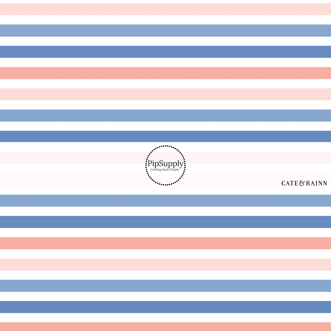 These stripe fabric by the yard features blue and peach stripe pattern. This fun pattern fabric can be used for all your sewing and crafting needs!