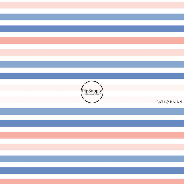 These stripe fabric by the yard features blue and peach stripe pattern. This fun pattern fabric can be used for all your sewing and crafting needs!