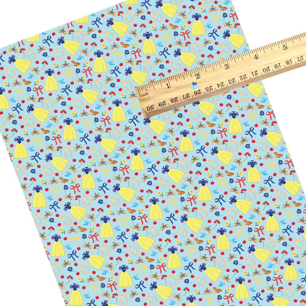 These magical princess themed faux leather sheets contain the following design elements: princess dresses, bows, tiaras on a blue pattern. Our CPSIA compliant faux leather sheets or rolls can be used for all types of crafting projects.