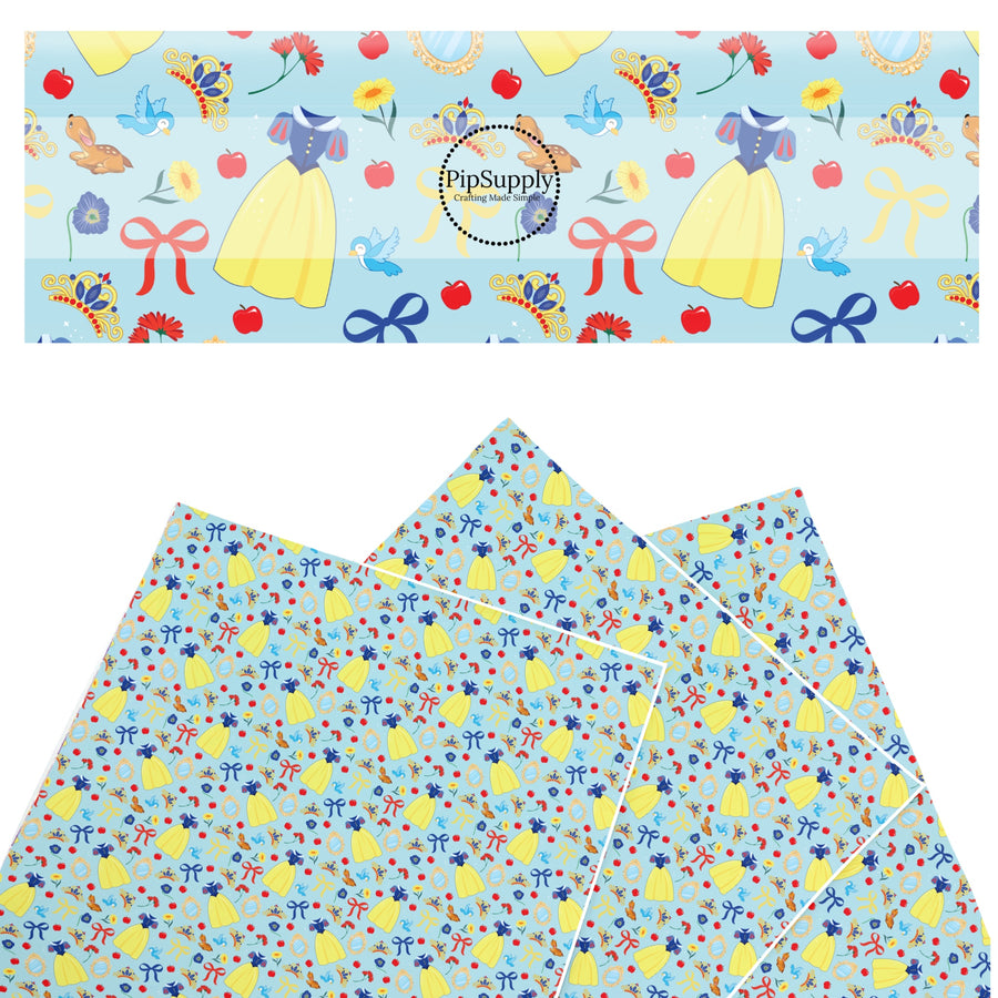 These magical princess themed faux leather sheets contain the following design elements: princess dresses, bows, tiaras on a blue pattern. Our CPSIA compliant faux leather sheets or rolls can be used for all types of crafting projects.