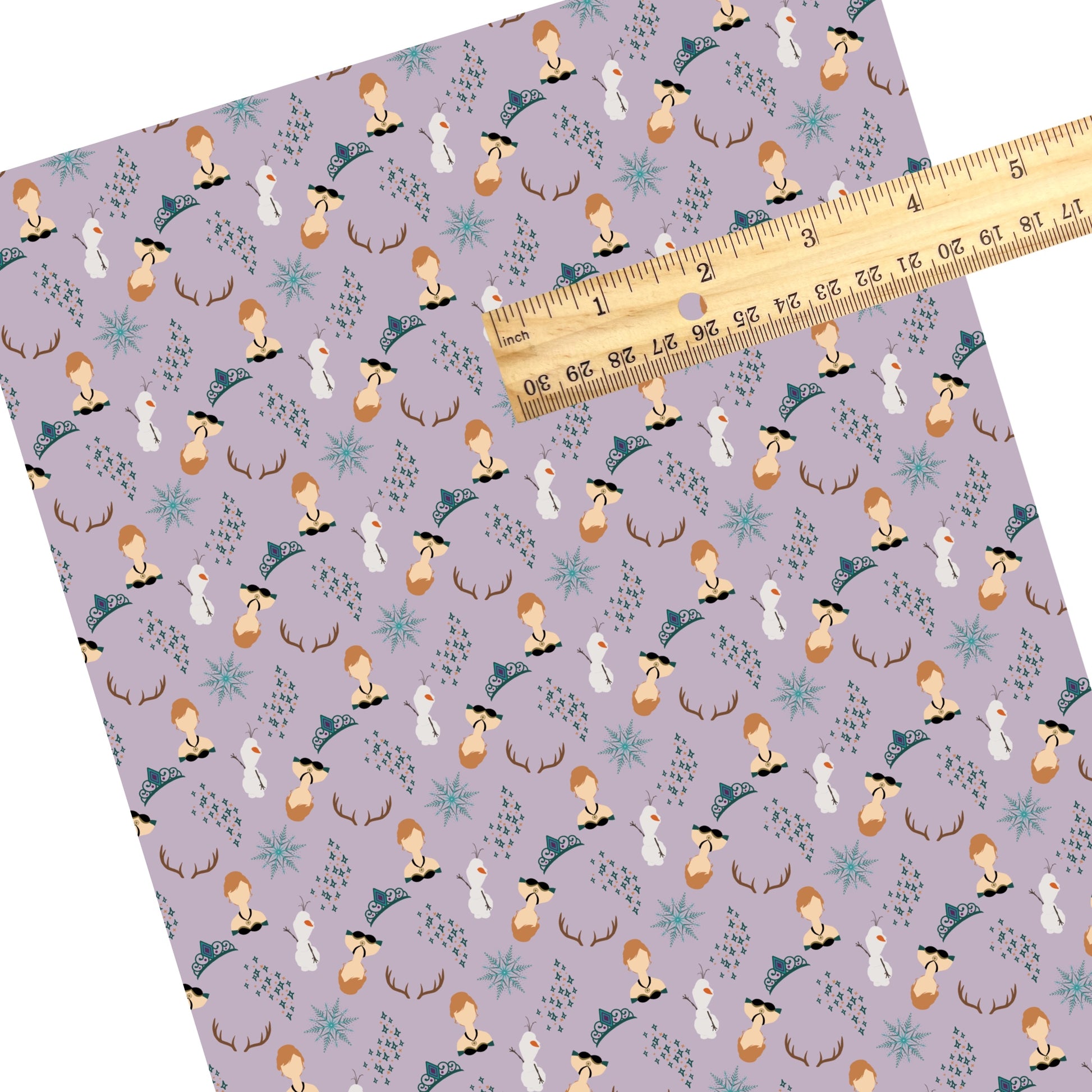 This winter movie themed inspired faux leather sheets contain the following design: princess and snowman surrounded by antlers and crowns on light purple. Our CPSIA compliant faux leather sheets or rolls can be used for all types of crafting projects.