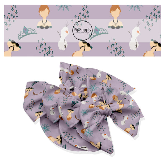 These winter movie themed inspired themed no sew bow strips can be easily tied and attached to a clip for a finished hair bow. These fun princess themed patterned bow strips are great for personal use or to sell. These bow strips feature the following princess and snowman surrounded by antlers and crowns on light purple.