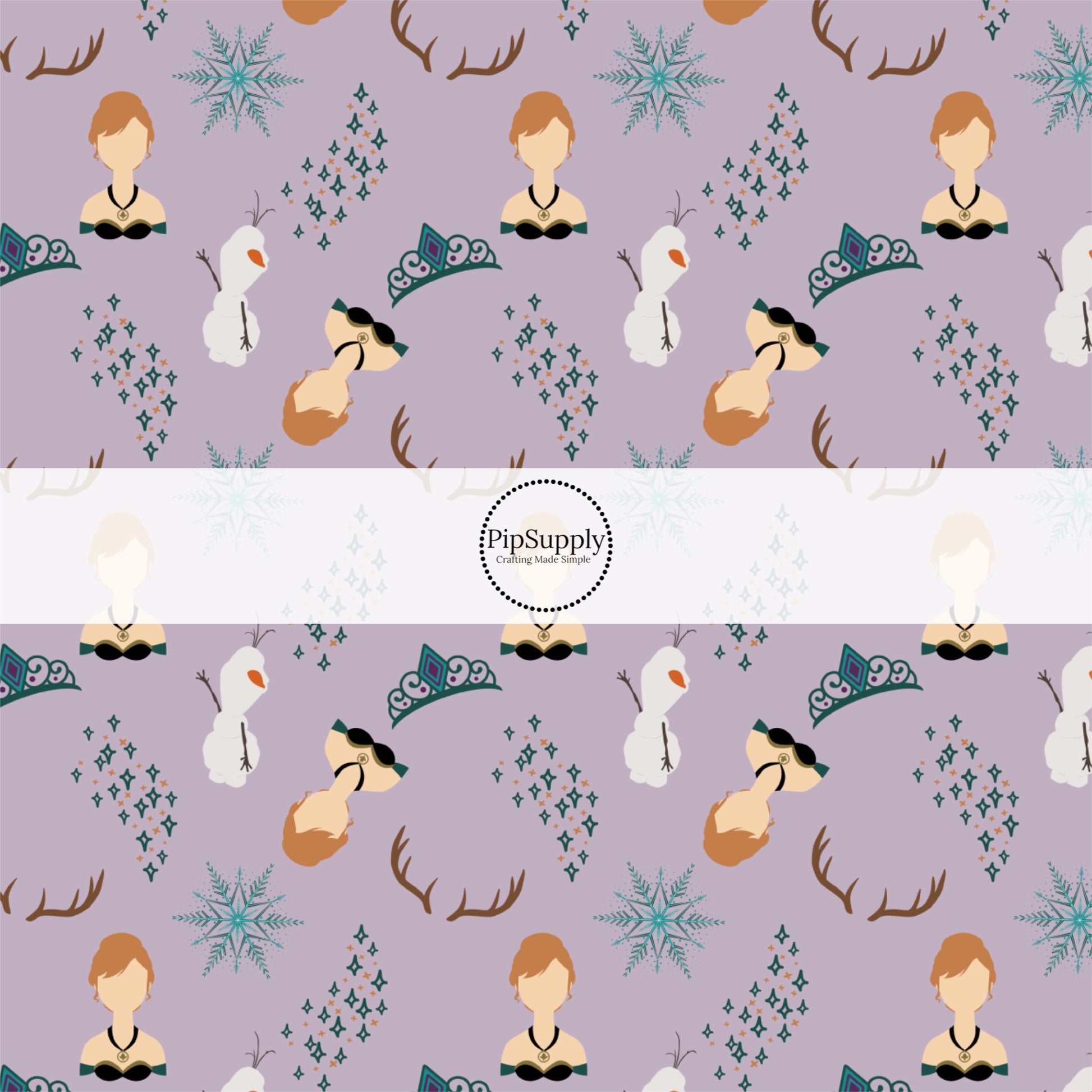 These winter movie themed inspired themed no sew bow strips can be easily tied and attached to a clip for a finished hair bow. These fun princess themed patterned bow strips are great for personal use or to sell. These bow strips feature the following princess and snowman surrounded by antlers and crowns on light purple.