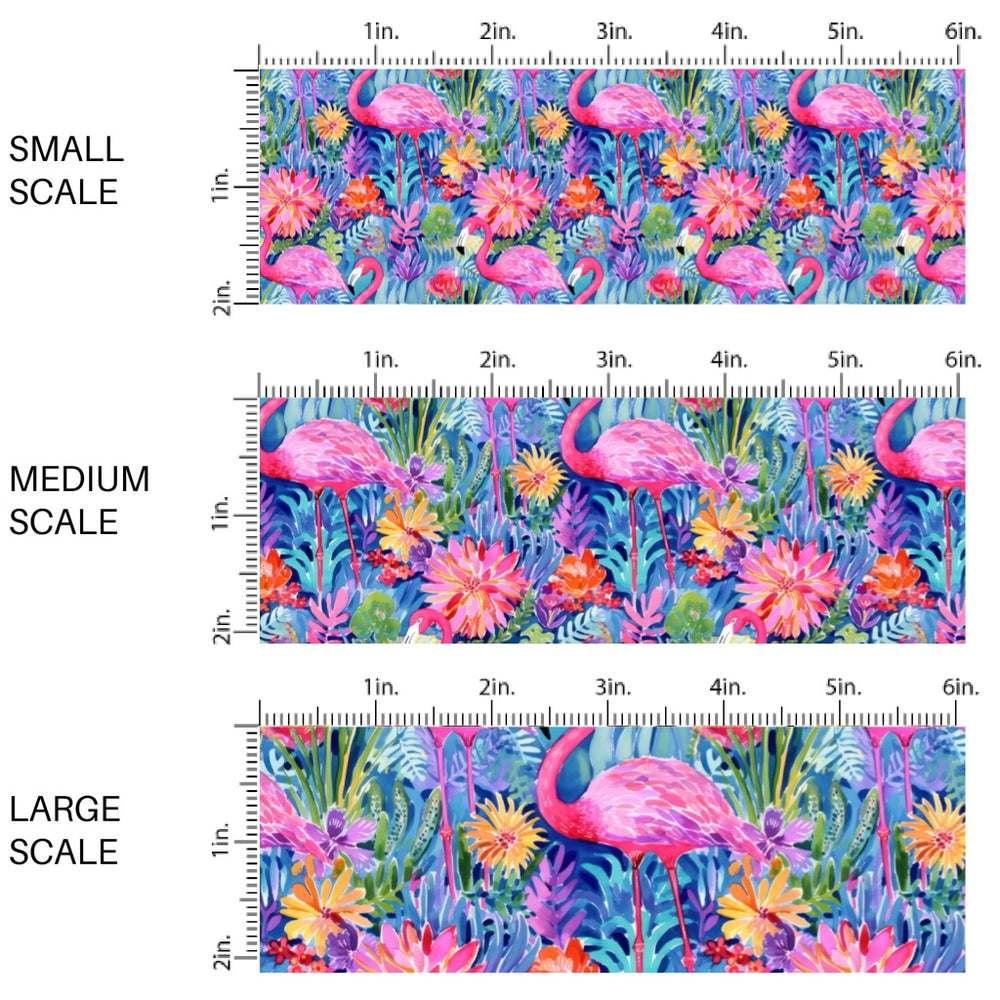 These tropical themed fabric by the yard features pink flamingos and tropical flowers. This fun pattern fabric can be used for all your sewing and crafting needs!