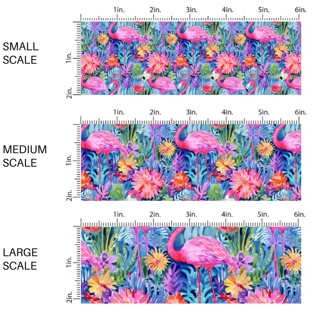 These tropical themed fabric by the yard features pink flamingos and tropical flowers. This fun pattern fabric can be used for all your sewing and crafting needs!