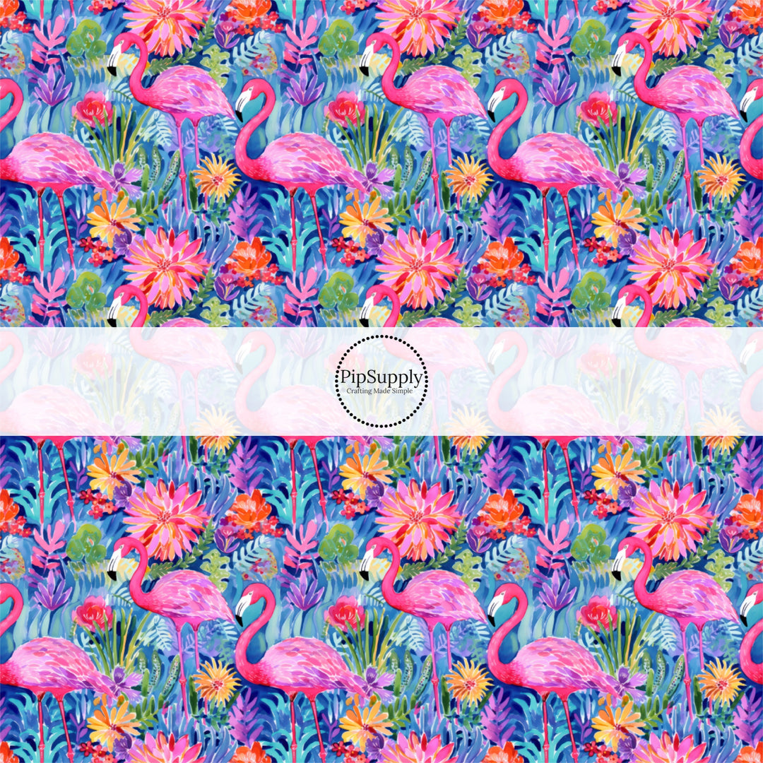 These tropical themed fabric by the yard features pink flamingos and tropical flowers. This fun pattern fabric can be used for all your sewing and crafting needs!