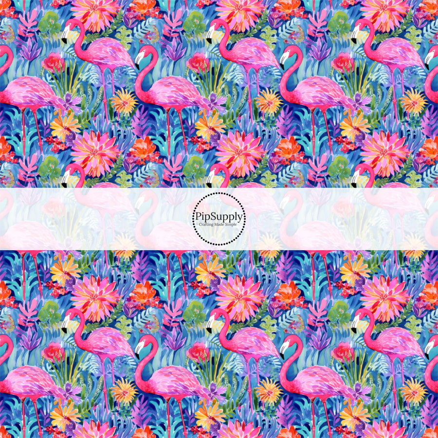 These tropical themed fabric by the yard features pink flamingos and tropical flowers. This fun pattern fabric can be used for all your sewing and crafting needs!