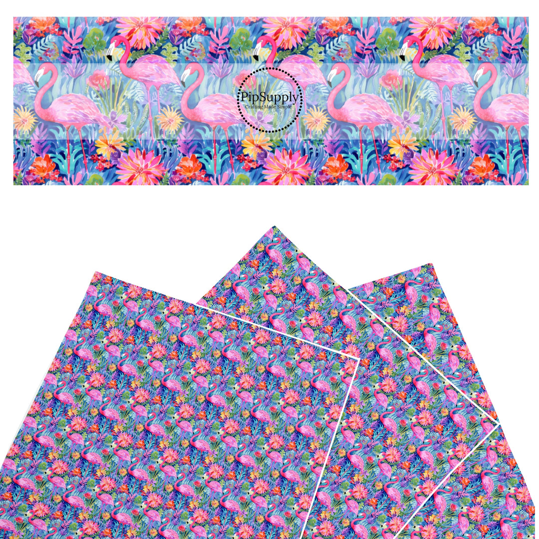 These tropical themed faux leather sheets contain the following design elements: pink flamingos and tropical flowers. Our CPSIA compliant faux leather sheets or rolls can be used for all types of crafting projects.