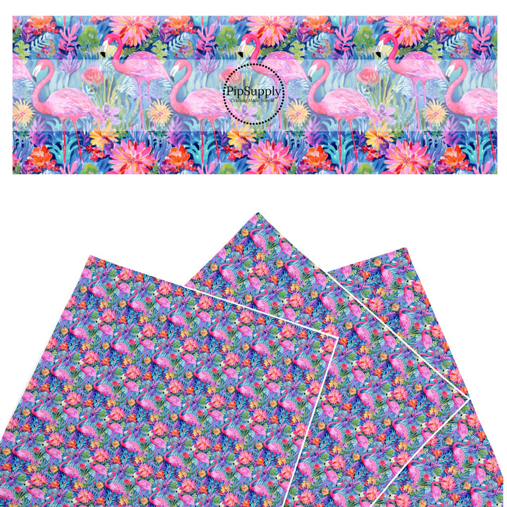 These tropical themed faux leather sheets contain the following design elements: pink flamingos and tropical flowers. Our CPSIA compliant faux leather sheets or rolls can be used for all types of crafting projects.