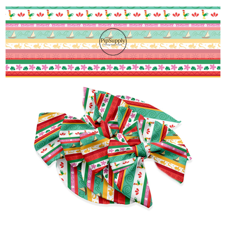 Chicken, sailboat, fishhook, and hawaiian flowers on stripes hair bow strips